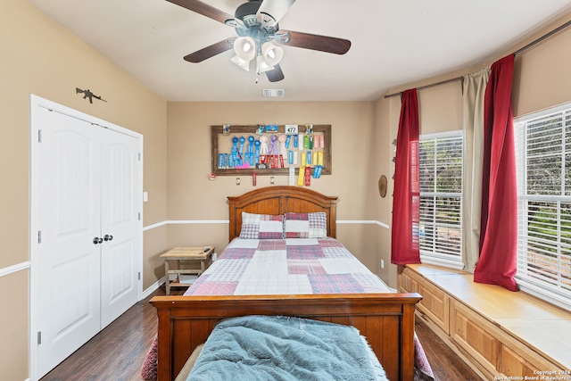 bedroom with dark wood-type flooring, multiple windows, ceiling fan, and a closet