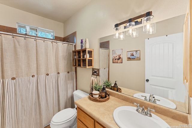 bathroom featuring vanity, toilet, and curtained shower