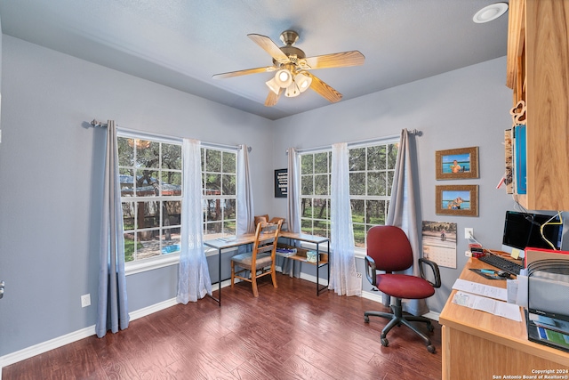 office space featuring plenty of natural light, ceiling fan, and dark hardwood / wood-style floors