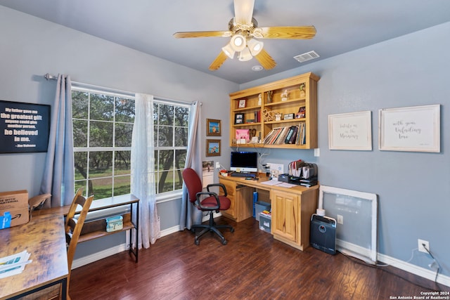 office area featuring dark hardwood / wood-style flooring and ceiling fan