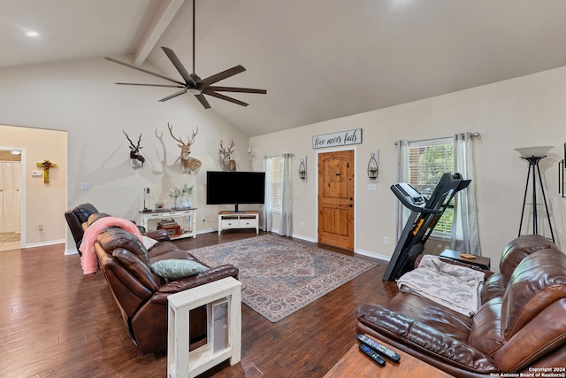 living room with ceiling fan, dark hardwood / wood-style floors, beamed ceiling, and high vaulted ceiling