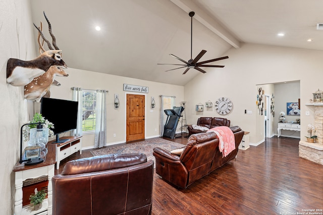 living room featuring dark hardwood / wood-style flooring, a fireplace, beam ceiling, high vaulted ceiling, and ceiling fan