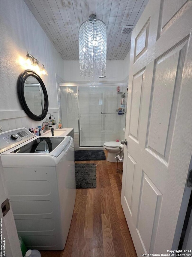 laundry area featuring wood-type flooring, wood ceiling, a chandelier, and sink