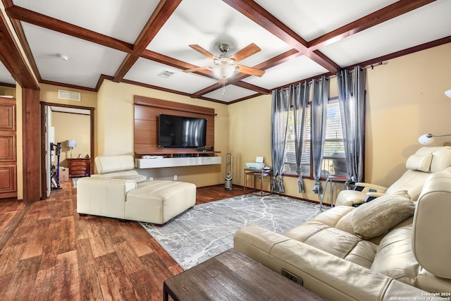 living room with coffered ceiling, ceiling fan, and dark hardwood / wood-style floors