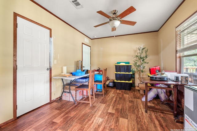 office with ceiling fan, dark hardwood / wood-style flooring, and crown molding