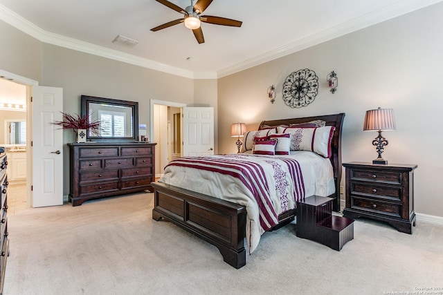 bedroom with light carpet, baseboards, visible vents, and crown molding