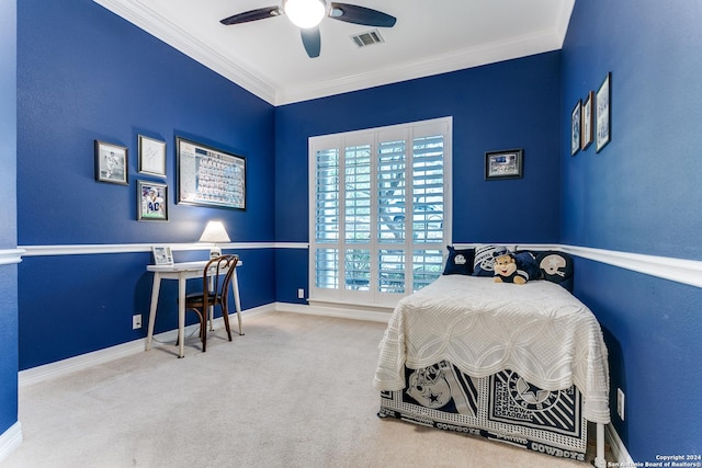 bedroom featuring ornamental molding, visible vents, carpet floors, and baseboards