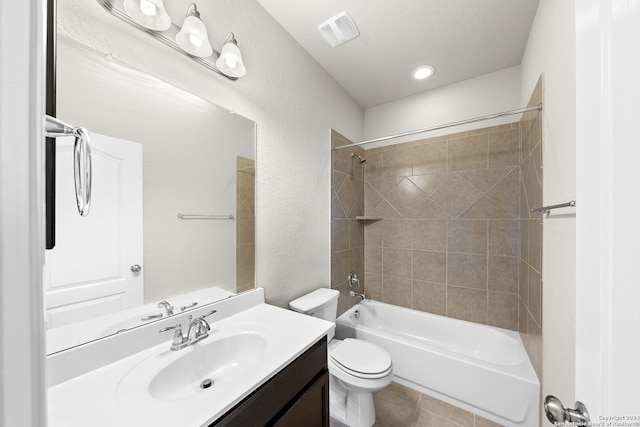 full bathroom featuring vanity, tile patterned floors,  shower combination, toilet, and visible vents