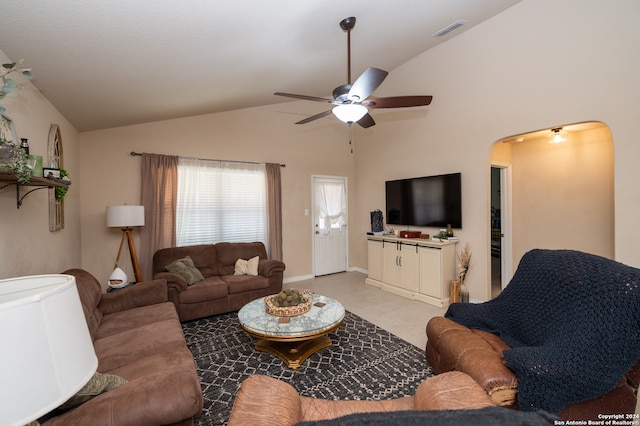 living room with vaulted ceiling and ceiling fan