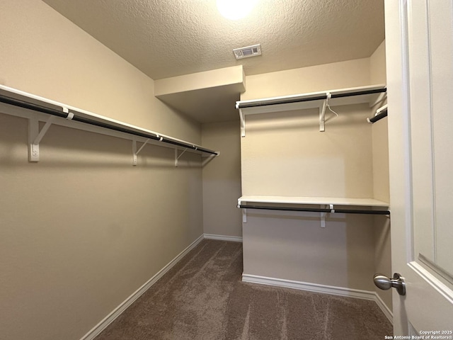 spacious closet with visible vents and dark colored carpet