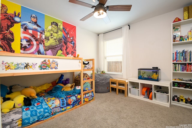 carpeted bedroom with ceiling fan