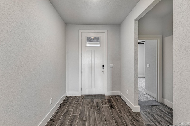 foyer entrance with wood tiled floor, a textured wall, and baseboards