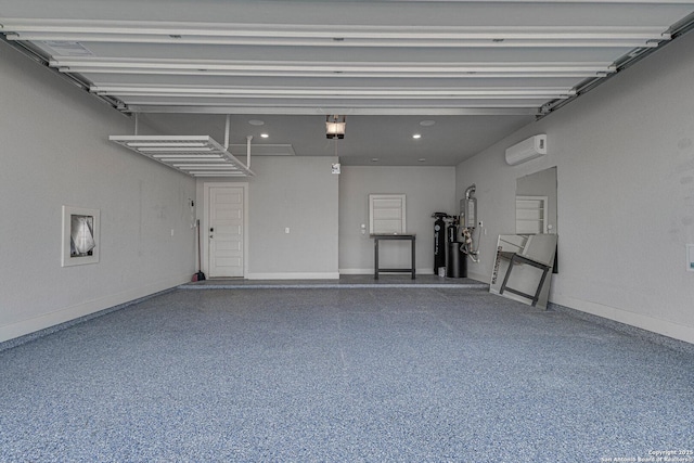 garage featuring a garage door opener, an AC wall unit, and baseboards