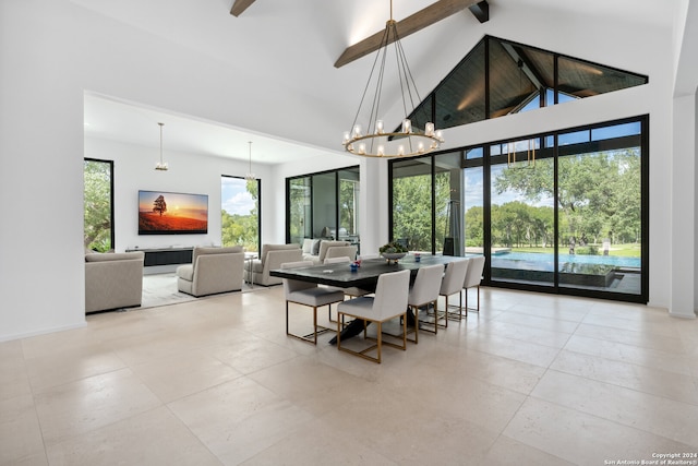 dining room featuring an inviting chandelier, high vaulted ceiling, a wealth of natural light, and beam ceiling