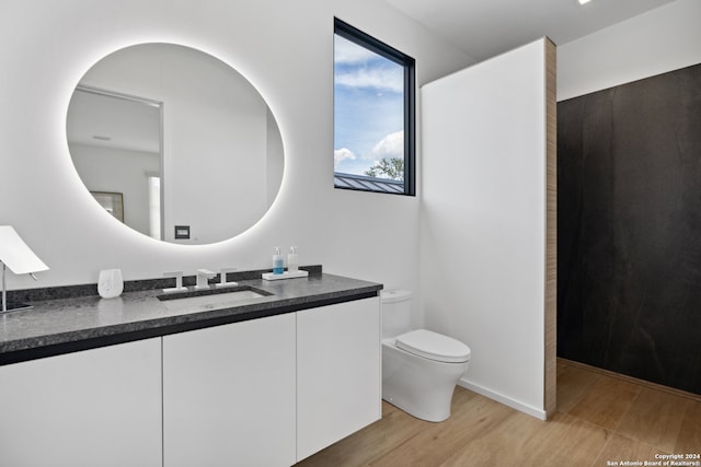 bathroom with toilet, hardwood / wood-style flooring, and vanity