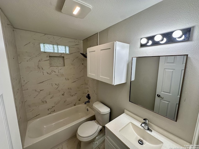 full bathroom featuring toilet, a textured ceiling, bathing tub / shower combination, vanity, and a textured wall