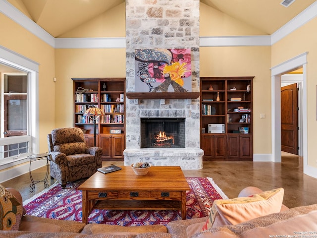 living room featuring high vaulted ceiling, a fireplace, visible vents, and baseboards