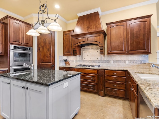 kitchen featuring a sink, custom exhaust hood, stainless steel appliances, crown molding, and backsplash