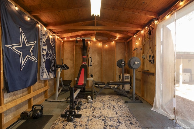 workout area with lofted ceiling and wooden ceiling