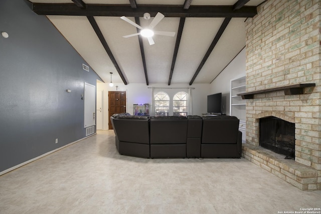 living area with a brick fireplace, ceiling fan, visible vents, and beamed ceiling