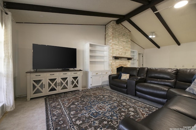 living room with lofted ceiling with beams and a brick fireplace