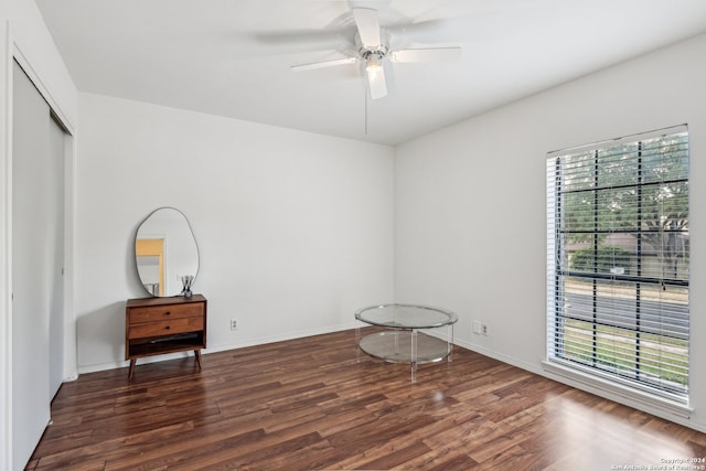 interior space featuring dark wood-type flooring and ceiling fan