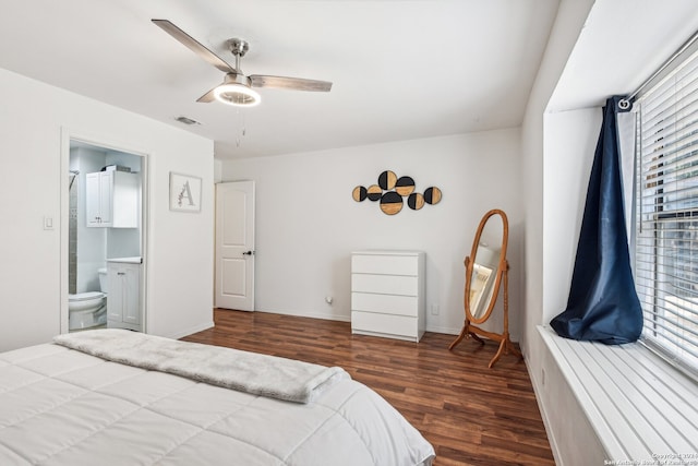 bedroom featuring ceiling fan, connected bathroom, and wood-type flooring