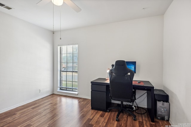 office with ceiling fan and dark hardwood / wood-style floors