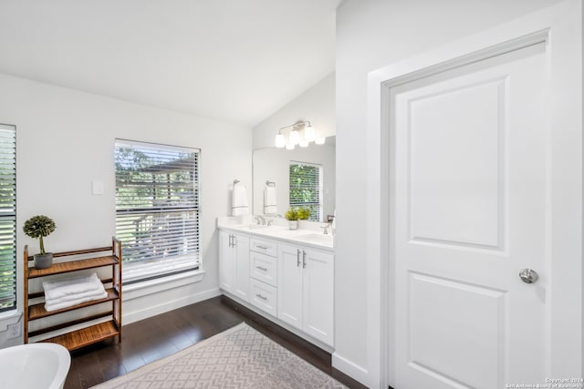 bathroom with lofted ceiling, vanity, and wood-type flooring