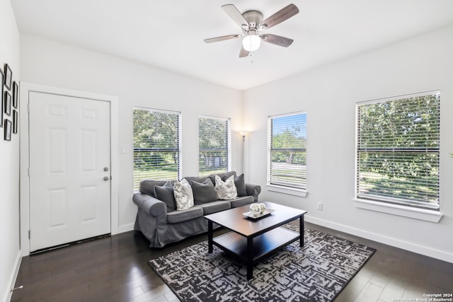 living room with ceiling fan and dark hardwood / wood-style flooring