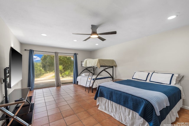 bedroom with tile patterned flooring, access to exterior, and ceiling fan