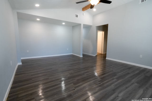 spare room featuring high vaulted ceiling, ceiling fan, and dark hardwood / wood-style floors