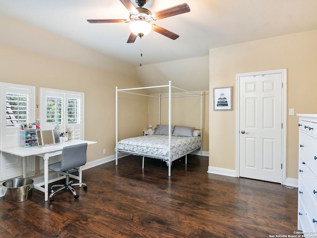 bedroom featuring ceiling fan and dark hardwood / wood-style flooring