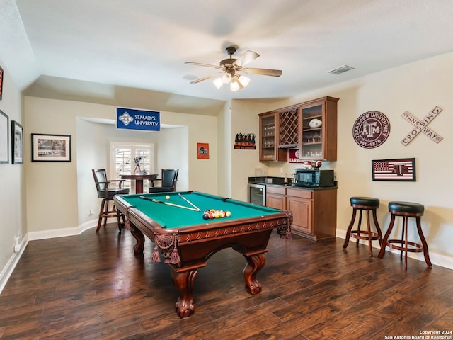 recreation room with dark hardwood / wood-style floors, billiards, beverage cooler, bar area, and ceiling fan