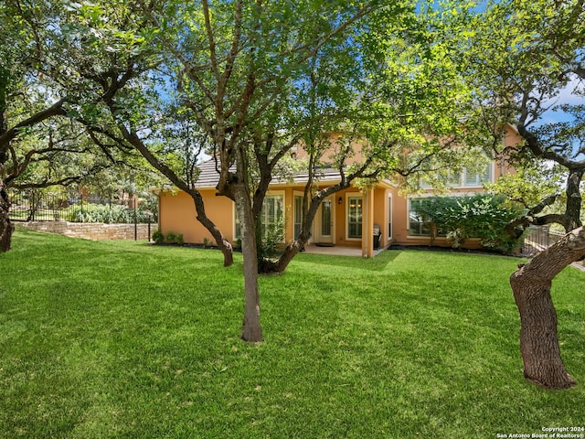 back of property with a yard and a patio