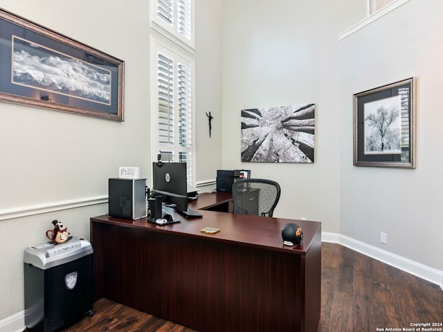 home office featuring dark hardwood / wood-style floors