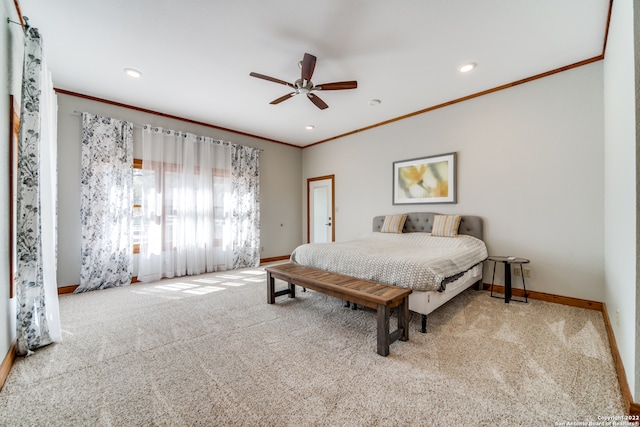 bedroom with crown molding, ceiling fan, and light colored carpet