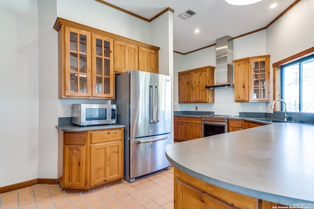 kitchen featuring wall chimney exhaust hood, light tile patterned floors, appliances with stainless steel finishes, crown molding, and sink