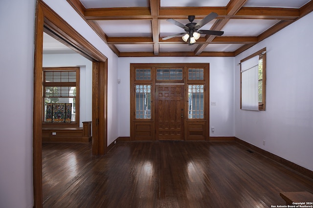 entryway with coffered ceiling, beam ceiling, ceiling fan, and dark hardwood / wood-style floors