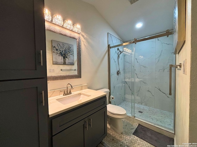 bathroom featuring lofted ceiling, vanity, toilet, and an enclosed shower