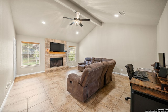 living room featuring a brick fireplace, light tile patterned floors, ceiling fan, and vaulted ceiling with beams