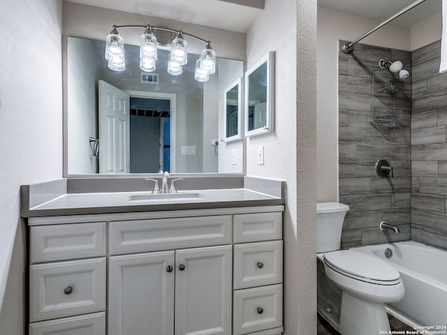 full bath with visible vents, a textured wall, toilet, vanity, and shower / bathing tub combination