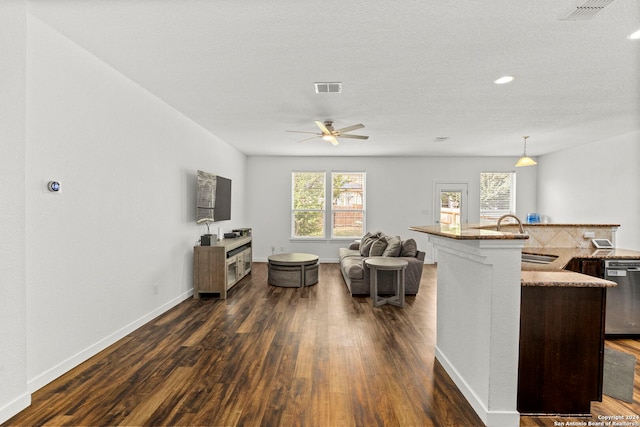 living room with dark wood-type flooring, ceiling fan, a textured ceiling, and sink