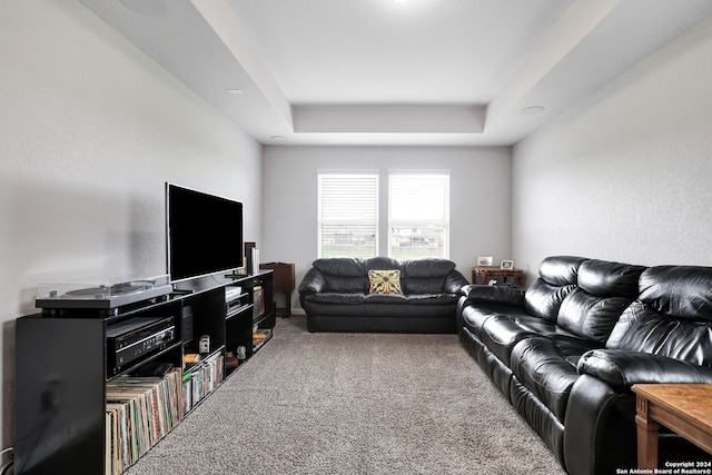 carpeted living room with a tray ceiling