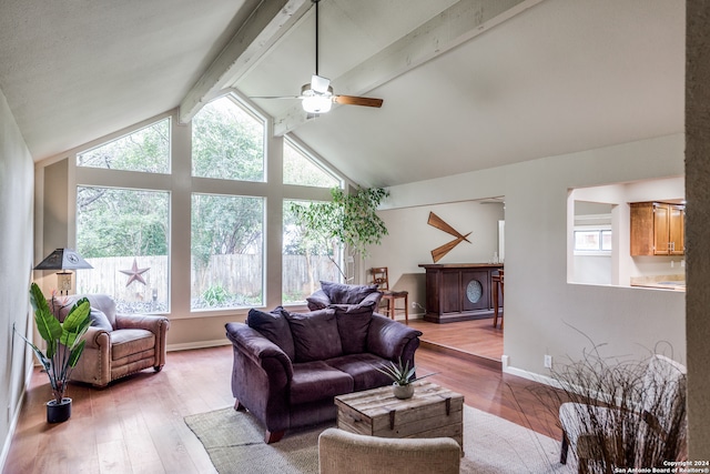 living room with a wealth of natural light, hardwood / wood-style floors, and beam ceiling