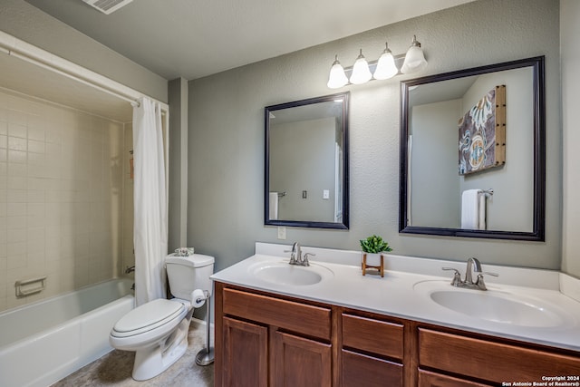 full bathroom with shower / bath combo, toilet, and vanity