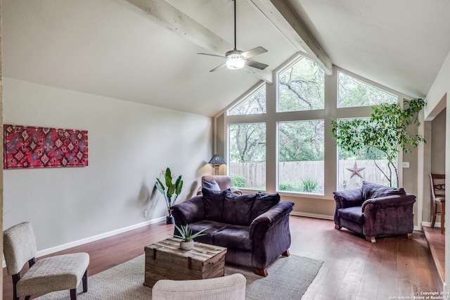 living room with ceiling fan, hardwood / wood-style flooring, and lofted ceiling with beams