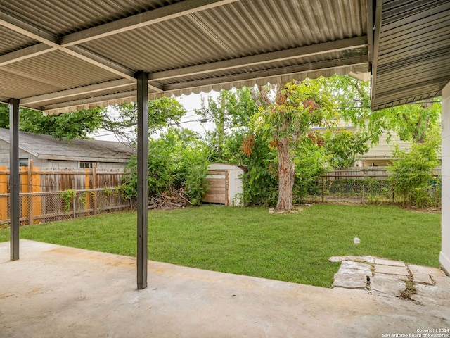 view of yard with a patio area and a storage shed