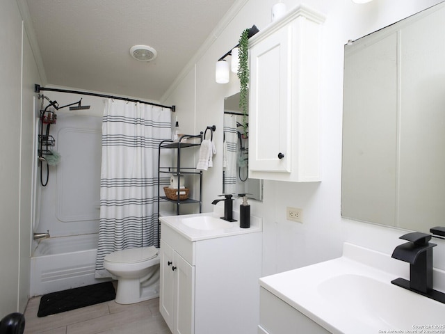 bathroom with toilet, crown molding, wood finished floors, vanity, and shower / bathtub combination with curtain