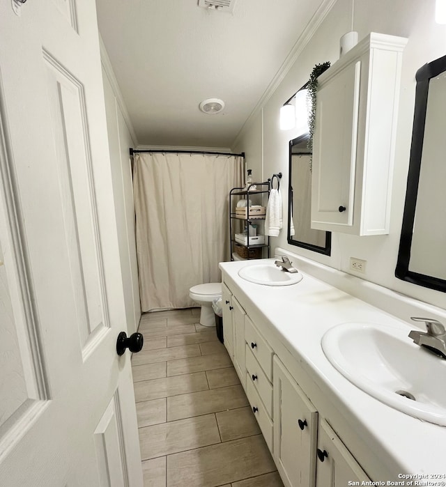 bathroom with vanity, toilet, and crown molding